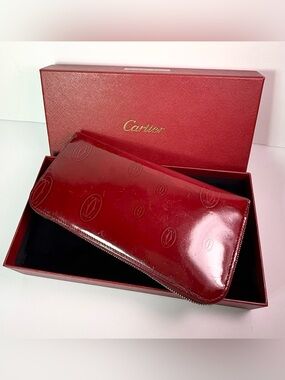 Vintage Cartier Patent Leather Zip Around Wallet Bordeaux Red Full Set